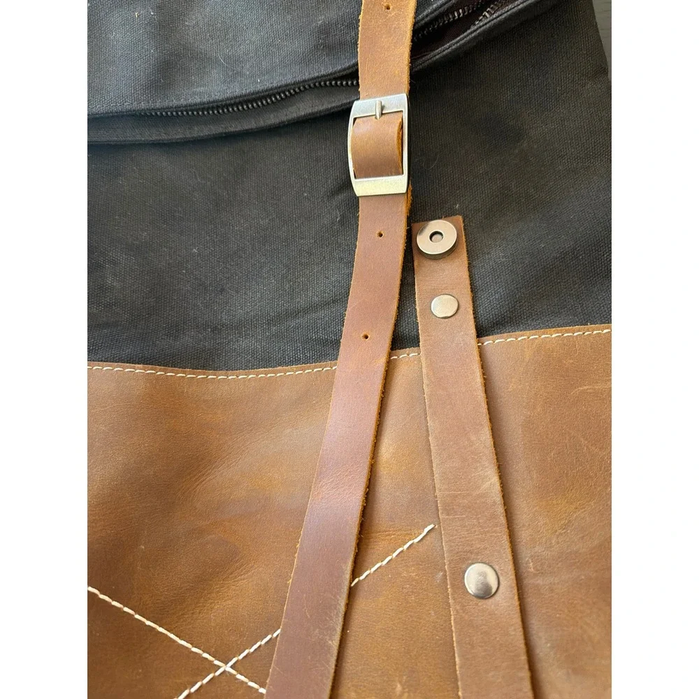 Black Canvas and Brown Leather Rolltop Backpack Rucksack Adjustable Straps
